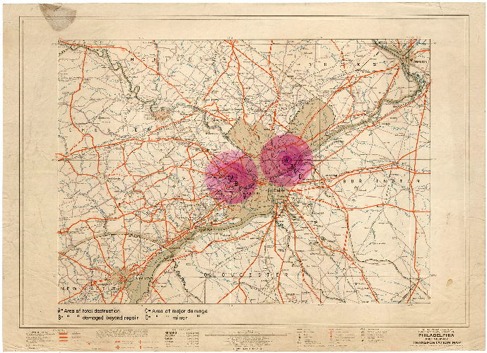 Plan, Federal Works Agency Public Roads Administration. Philadelphia & vicinity transportation map. Highways, railroads, air lines, and dredged channels. Revised edition - 1943. Scale 1:125,000 [Overlay added ca. 1952]