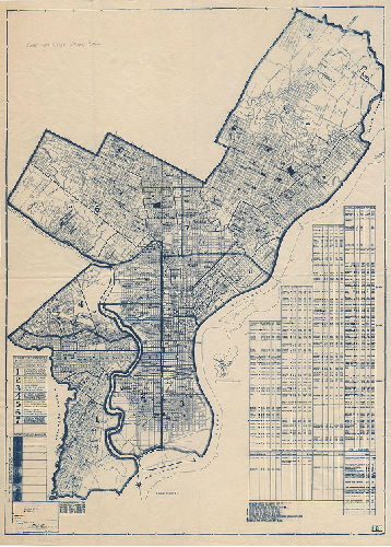 Plan, [Title block obscured. Map showing location of all public schools in Philadelphia, with a cross-referenced alphabetical list. Original map from 1933, revised several times to 1950]