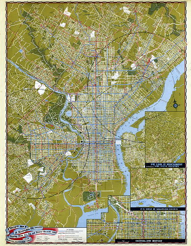 Plan (alternate image), Street map of Philadelphia and vicinity, showing street car, bus, and subway-elevated lines. Philadelphia Transportation Company. April 1948. 7th Edition.