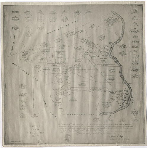 Plan, A connected draft showing the outlines of tracts of land found on record, situated in Blockley Township, Philadelphia County, the warrants, surveys, returns and patents bearing date respectively as above set forth, constructed from the original drafts and records remaining on file in the Department of Internal Affairs of Pennsylvania... 
