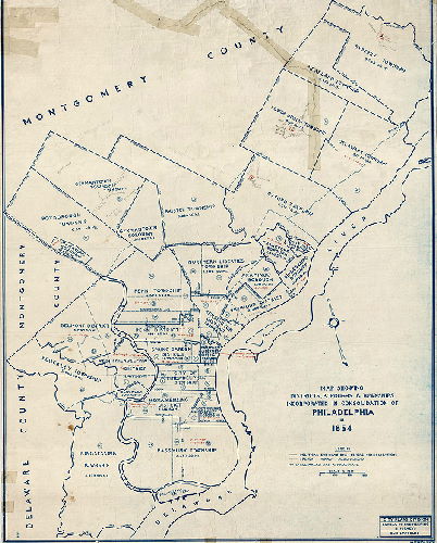 Plan, Map showing districts, boroughs and townships incorporated in the consolidation of Philadelphia in 1854. 