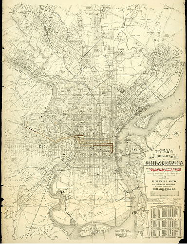 Plan (alternate image), Noll's new official guide map of Philadelphia from the latest official surveys & records….1889. Published by E. P. Noll & Co. [Route of Hestonville, Mantua and Fairmount Passenger Railway Co. traced on this map in colored ink]