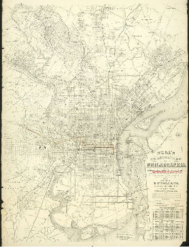 Plan, Noll's new official guide map of Philadelphia from the latest official surveys & records….1889. Published by E. P. Noll & Co. [Route of Hestonville, Mantua and Fairmount Passenger Railway Co. traced on this map in colored ink]
