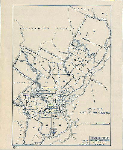 Plan, Ward Map, City of Philadelphia. City Plans Division, Bureau of Surveys & Design, Dept. of Streets, Philadelphia. [Last revision Aug. 1, 1961]