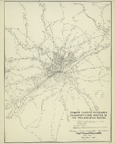 Plan, Common carrier passenger transportation routes in the Philadelphia region. Philadelphia City Planning Commission, November 1946. Source of data: Information supplied by operating companies.