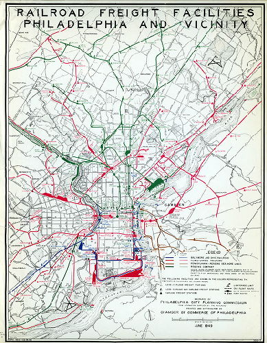 Plan (alternate image), Railroad freight facilities, Philadelphia and vicinity. Prepared by Philadelphia City Planning Commission from information supplied by the railroads. Printed and distributed by Chamber of Commerce of Philadelphia. June 1949