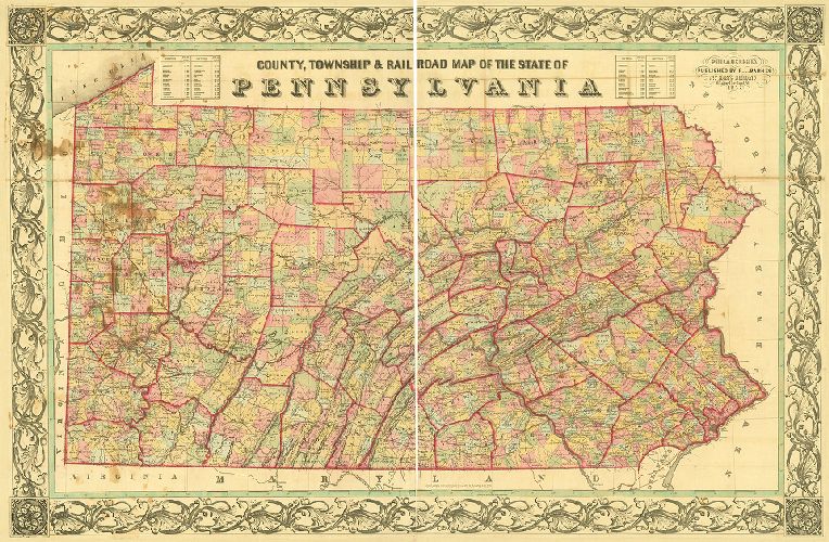 Map, County, Township and railroad map of the State of Pennsylvania