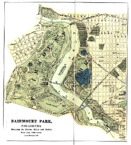 Map, Fairmount Park, Philadelphia. Showing the drives, rides and walks. Total area, 2,500 acres