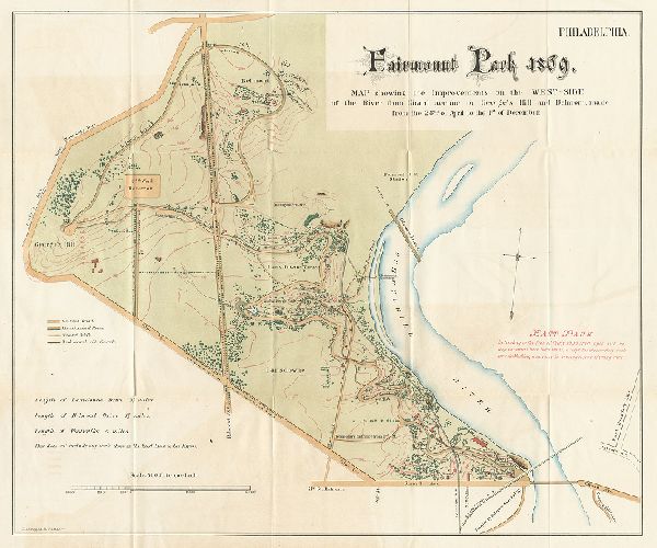 Map, Fairmount Park 1869. Map showing the improvements on the west-side of the river from Girard Avenue to George’s Hill and Belmont, made from the 28th of April to the 1st of December.