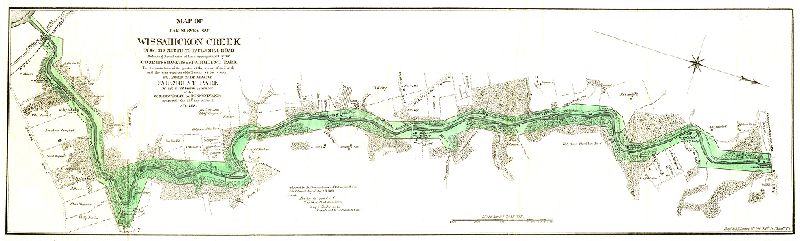 Map, Map of the survey of Wissahickon Creek from its mouth to Paul’s Mill Road defining the boundaries of land appropriated by the Commissioners of Fairmount park for the protection of the purity of the water of said creek and the preservation of the beauty of its scenery. Declared to be a part of Fairmount park by act of General Assembly of the Commonwealth of Pennsylvania approved the 14th day of April A.D. 1868.