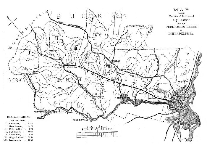 Map, Map showing the line of the proposed aqueduct from the Perkiomen Creek to Philadelphia. 