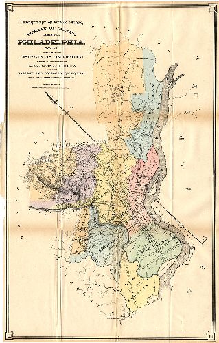 Map, Map of Philadelphia, No. 2, showing districts of distribution arranged in accordance with the topography of the City, and the present and proposed reservoirs from which they are to be supplied.