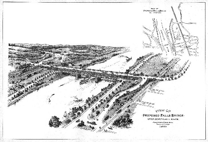 Map, View of the proposed Falls Bridge over Schuylkill River.