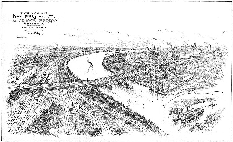 Map, Sketch illustrating proposed bridge over Schuylkill River at Gray’s Ferry Philadelphia. 