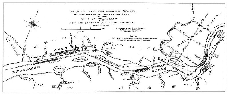 Map, Map of the Delaware River showing sites of dredging operations by the City of Philadelphia, for a channel 26 feet deep at mean low water, 1896-1899.