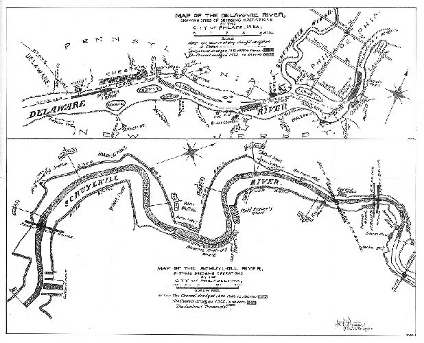 Map, Map of the Delaware River showing sites of dredging operations by the City of Philadelphia [and] Map of the Schuylkill River showing dredging operations by the City of Philadelphia.