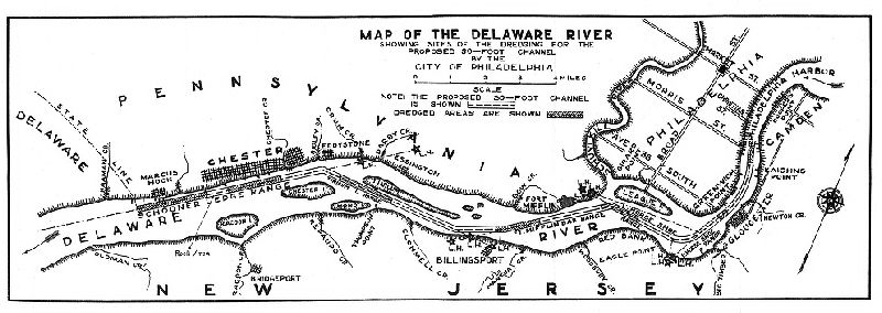 Map, Map of the Delaware River showing sites of the dredging for the proposed 30-foot channel by the City of Philadelphia.