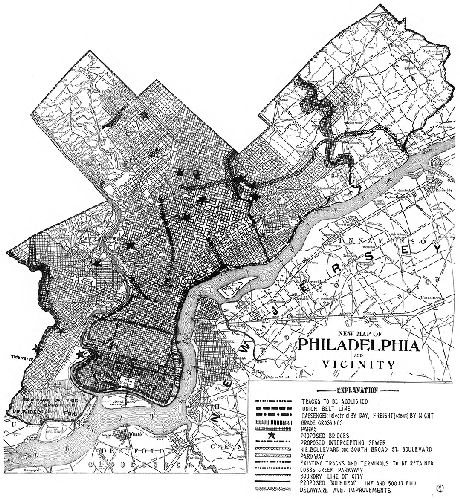 Map, New Map of Philadelphia and Vicinity.  [Showing proposed public works projects.]