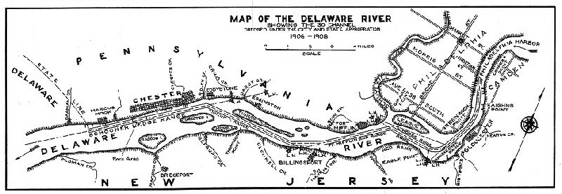 Map, Map of the Delaware River showing the 30’ channel dredges under City and State appropriation 1906-1908. 