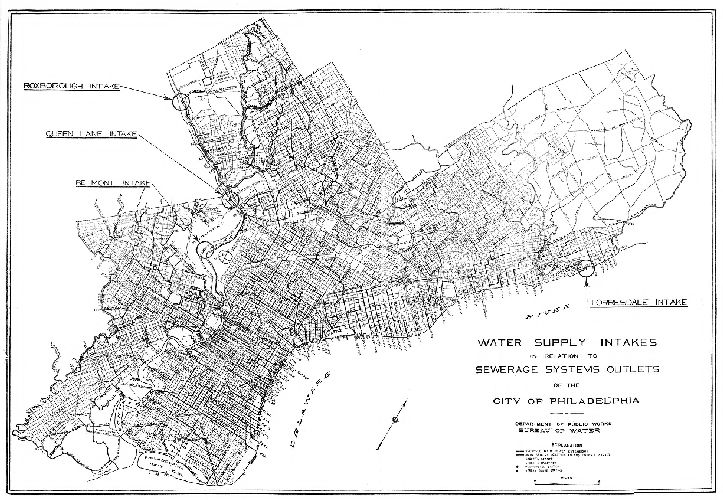 Map, Water supply intakes in relation to sewerage system outlets of the City of Philadelphia. 