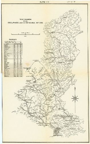 Map, Watersheds of the Delaware and Schuylkill Rivers [with rainfall totals for numerous localities]. 