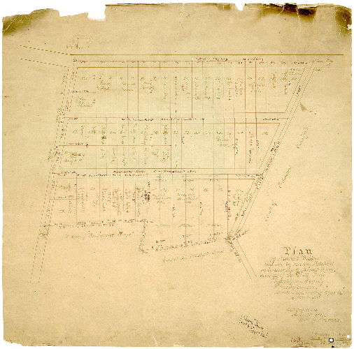 Plan, Plan of Paschall Village laid out by Henry Paschall in the Township of Kingsessing, vicinity of the Bell Inn, Philadelphia County, Pennsylvania, laid down by a scaling of 5 perches to the inch. Surveyed in August 1815, Thos. J. Paschall. (The above is a true copy of the original ... made Sept. 8, 1874) 